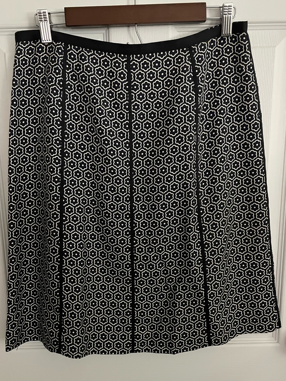 100% Silk Panel Skirt Black White Geometric Floral Daisy 10P
